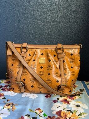 MCM Cognac Visetos Logo Tote Bag